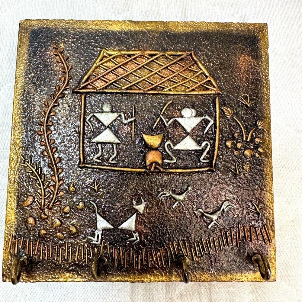 Decorative Warli Rustic Wall Art Key Holder Hooks Retro Metal Wood